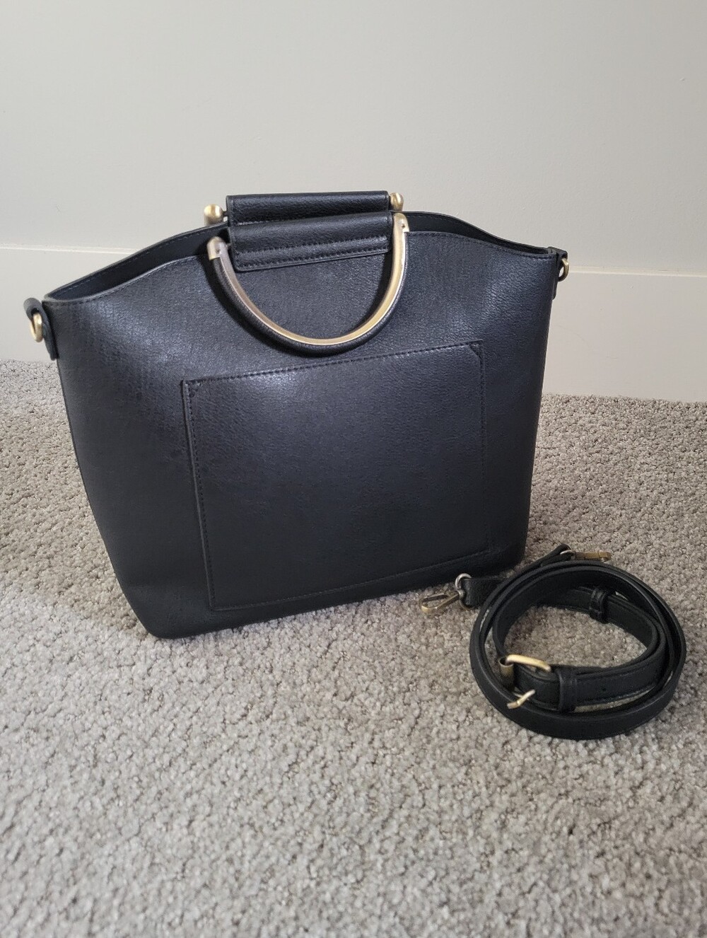 Black Structured Satchel Handbag Crossbody Gold Ring Handles